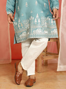 Men Cotton Silk Sequinned Floral Daman Embroidered Straight Kurta with Trouser Set - Blue