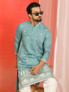 Men Cotton Silk Sequinned Floral Daman Embroidered Straight Kurta with Trouser Set - Blue