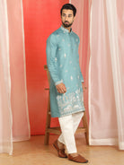 Men Cotton Silk Floral Embroidered Kurta - Blue