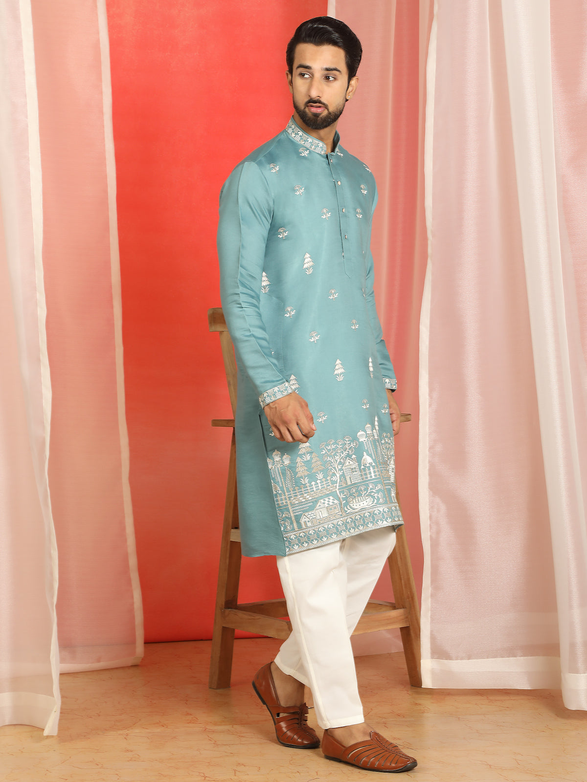 Men Cotton Silk Floral Embroidered Kurta - Blue