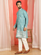 Men Cotton Silk Floral Embroidered Kurta - Blue