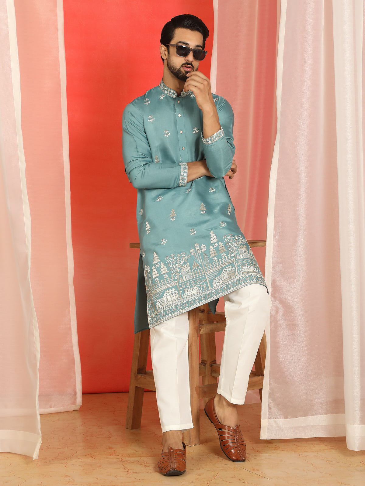 Men Cotton Silk Floral Embroidered Kurta - Blue