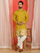 Men Cotton Silk Sequinned Floral Daman Embroidered Straight Kurta with Trouser Set - Mustard