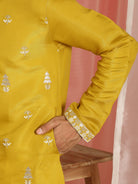 Men Cotton Silk Sequinned Floral Daman Embroidered Straight Kurta with Trouser Set - Mustard