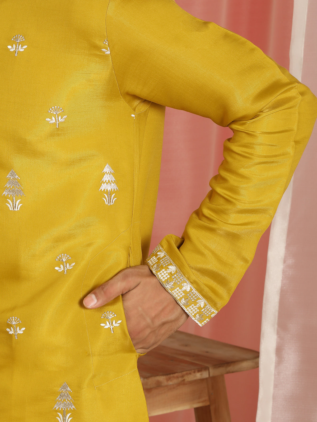 Men Cotton Silk Sequinned Floral Daman Embroidered Straight Kurta with Trouser Set - Mustard