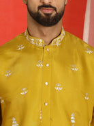 Men Cotton Silk Sequinned Floral Daman Embroidered Straight Kurta with Trouser Set - Mustard