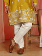 Men Cotton Silk Sequinned Floral Daman Embroidered Straight Kurta with Trouser Set - Mustard