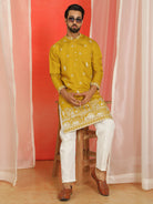 Men Cotton Silk Sequinned Floral Daman Embroidered Straight Kurta with Trouser Set - Mustard