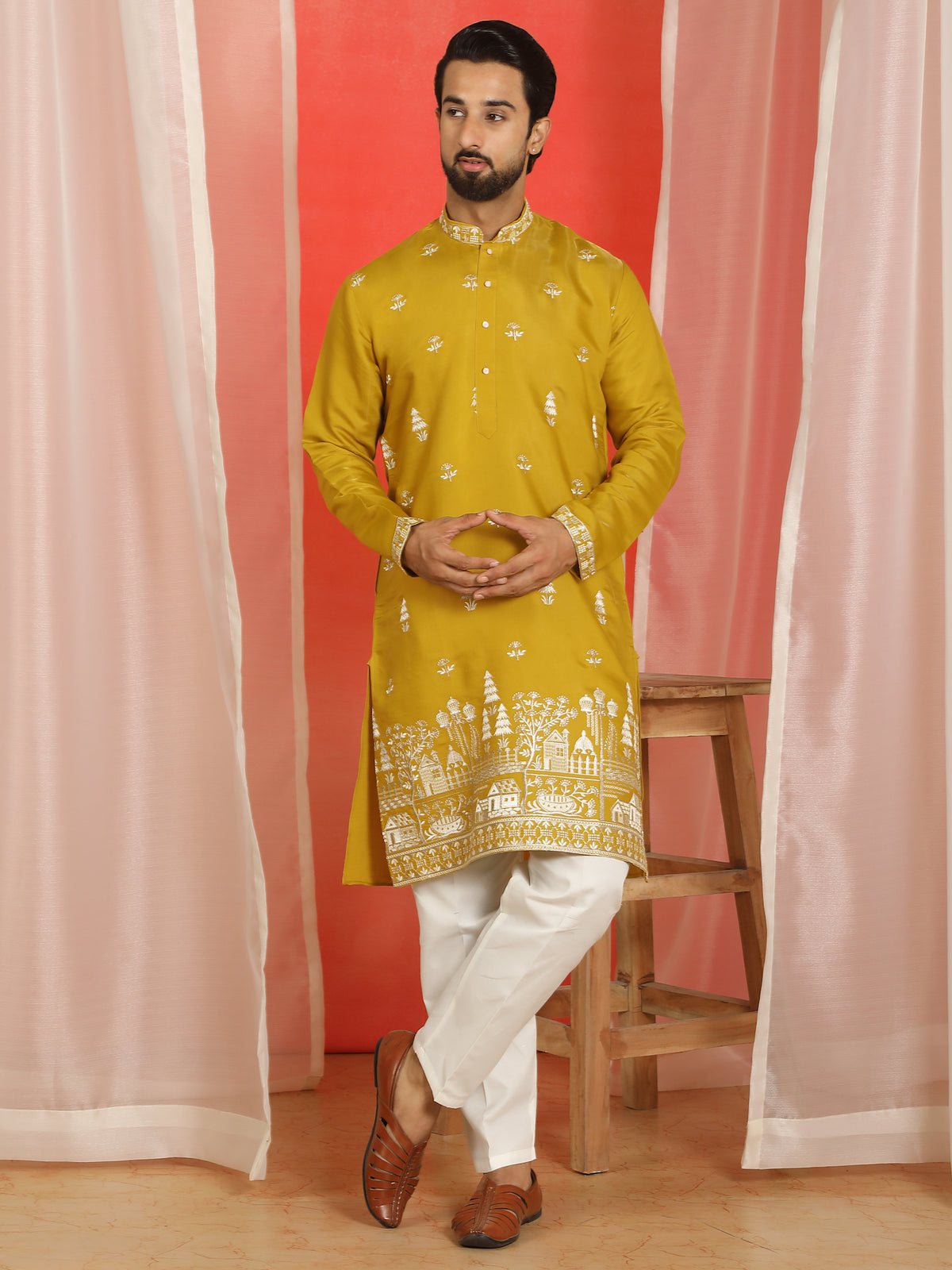Men Cotton Silk Floral Embroidered Kurta - Mustard