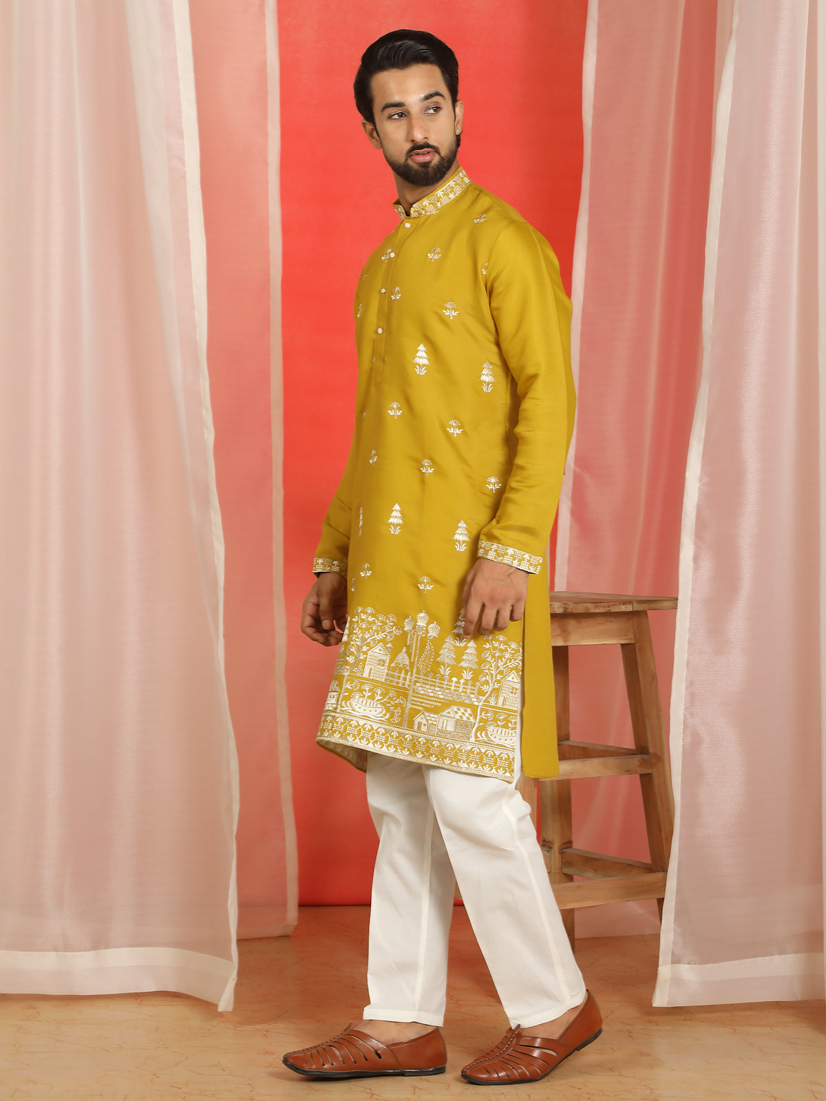 Men Cotton Silk Floral Embroidered Kurta - Mustard