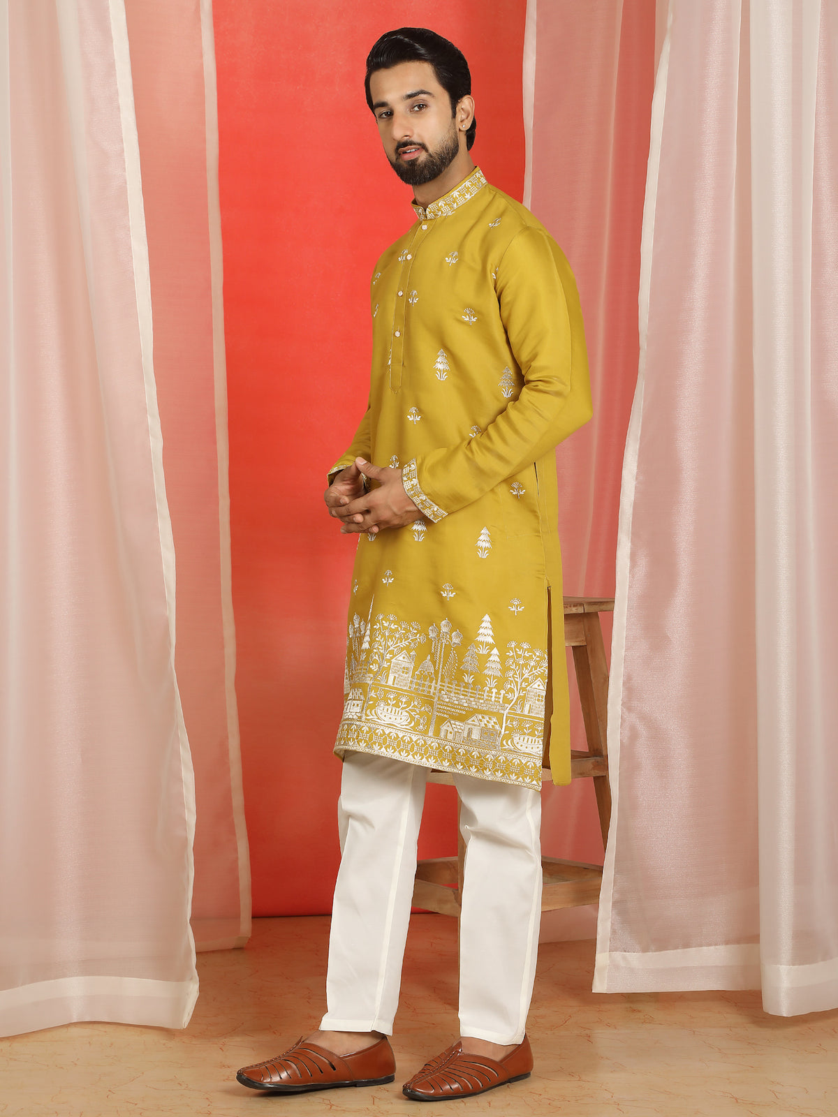 Men Cotton Silk Floral Embroidered Kurta - Mustard