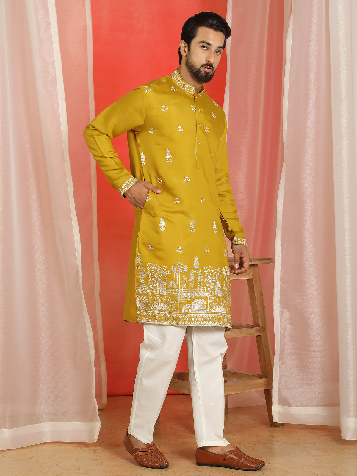 Men Cotton Silk Floral Embroidered Kurta - Mustard