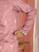 Men Cotton Silk Sequinned Floral Daman Embroidered Straight Kurta with Trouser Set - Mauve