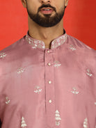 Men Cotton Silk Sequinned Floral Daman Embroidered Straight Kurta with Trouser Set - Mauve