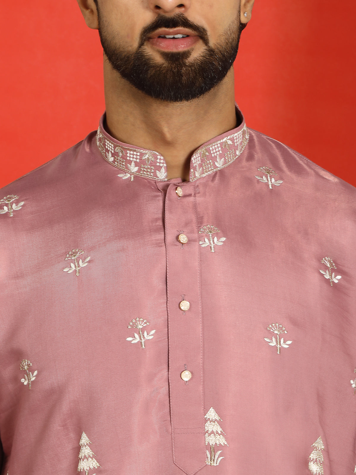 Men Cotton Silk Sequinned Floral Daman Embroidered Straight Kurta with Trouser Set - Mauve