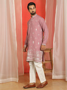 Men Cotton Silk Floral Embroidered Kurta - Mauve