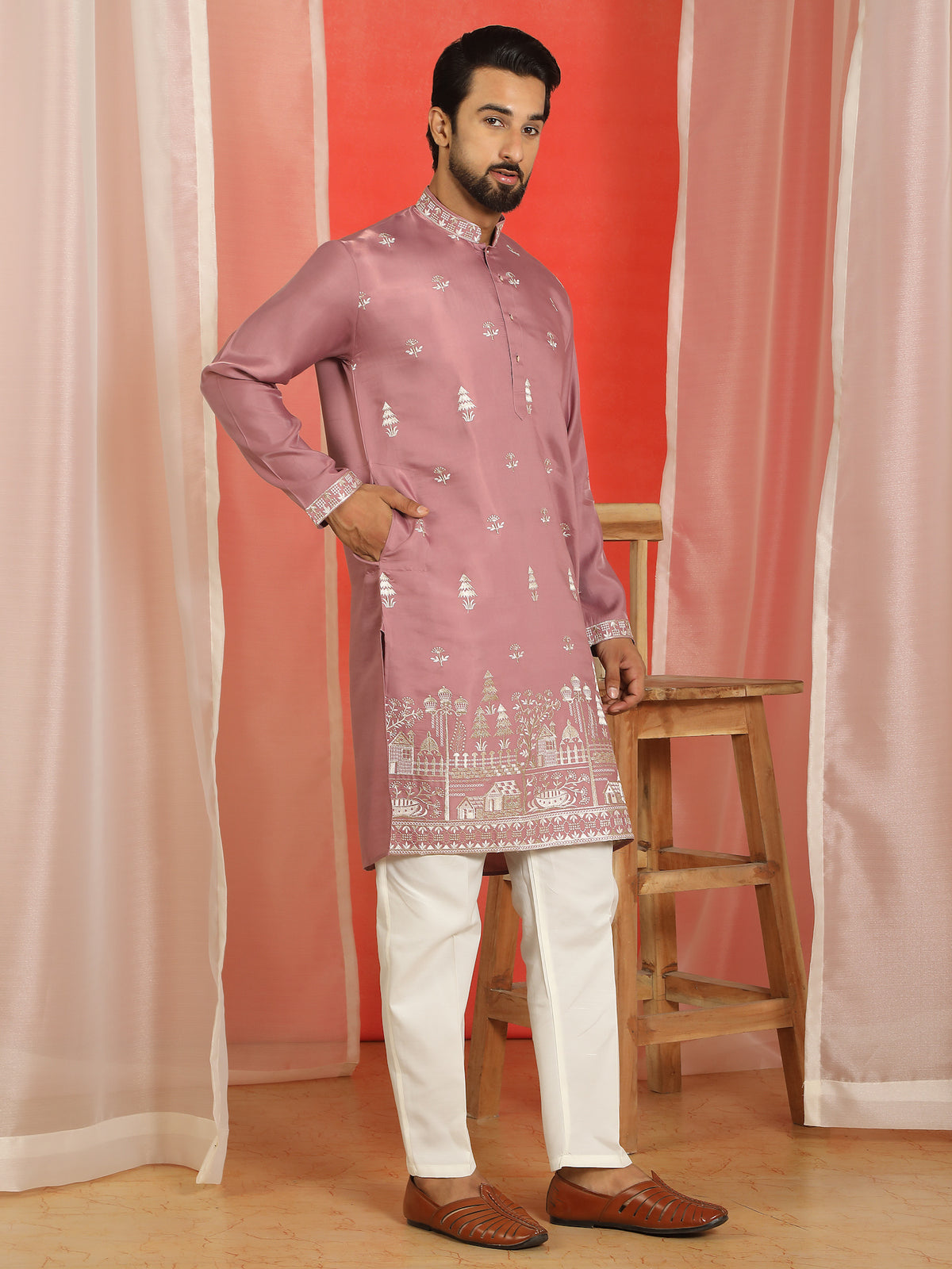 Men Cotton Silk Floral Embroidered Kurta - Mauve