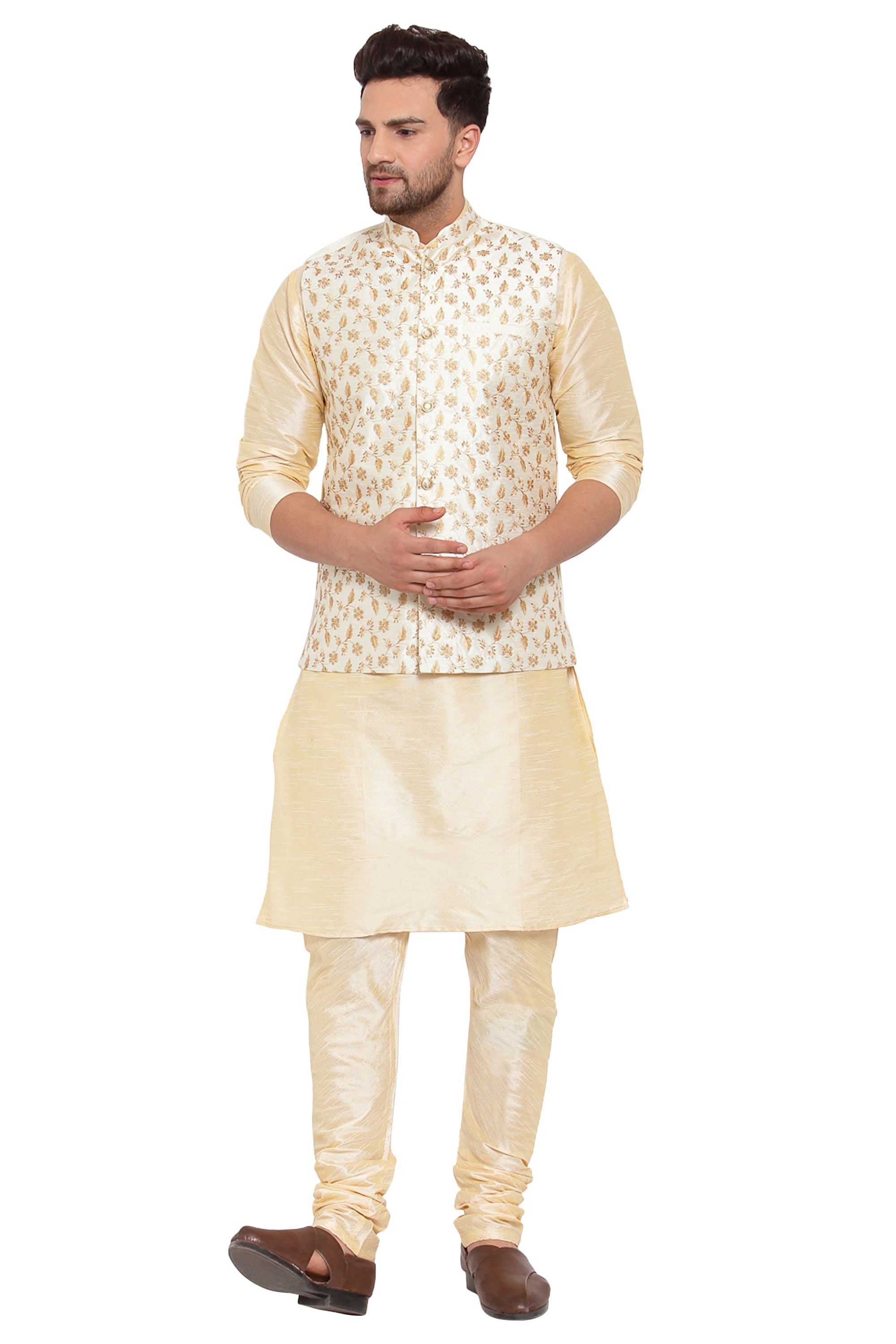 KRAFT INDIA Mens Beige Kurta and churidar with embroided Zari Nehru jacket