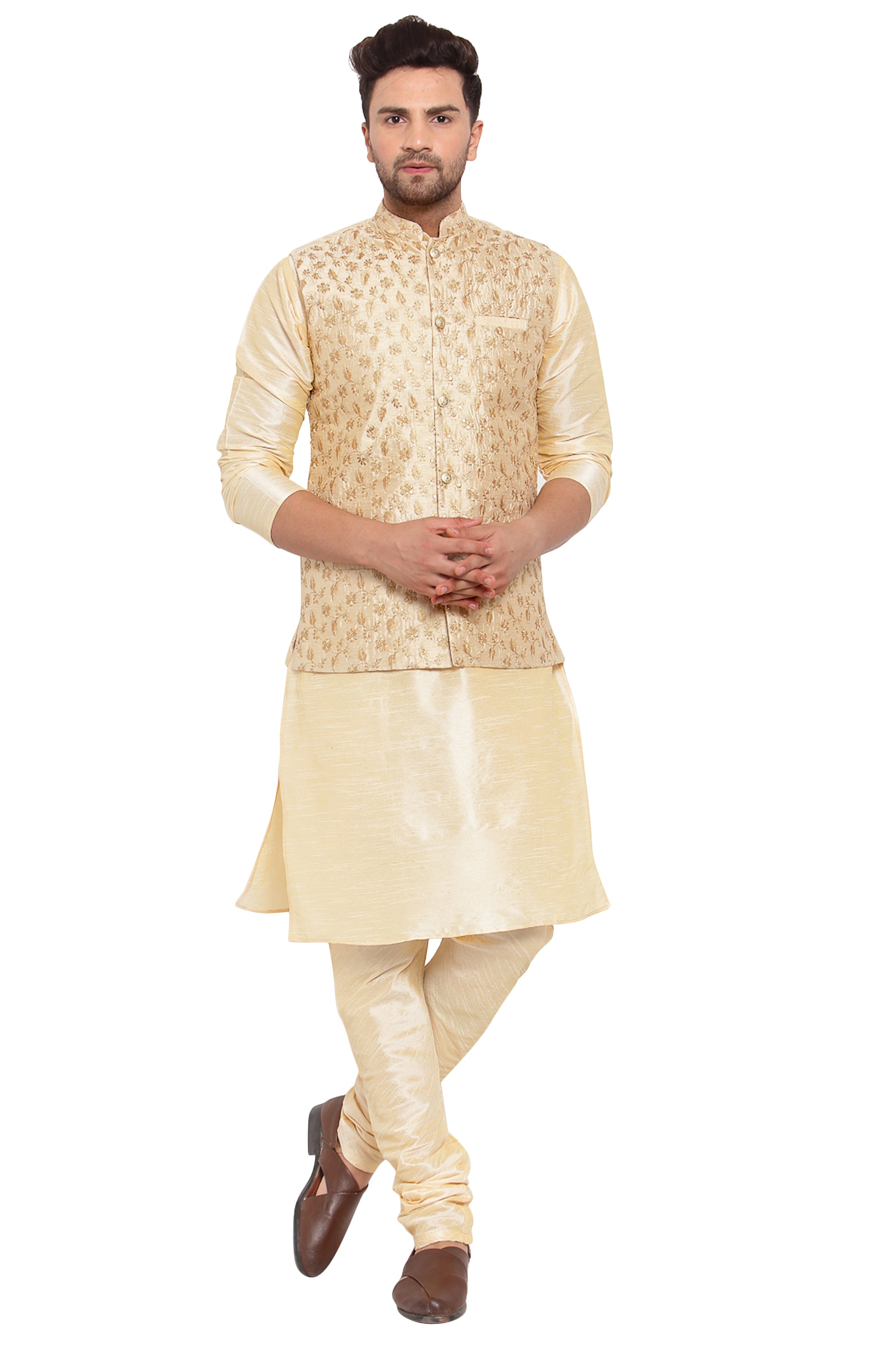 KRAFT INDIA Mens Beige Kurta and churidar with embroided Zari Nehru jacket