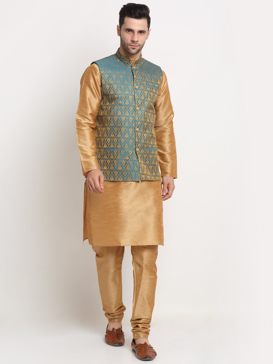 KRAFT INDIA Mens Gold Silk Blend Kurta and churidar with Paisley Nehru jacket