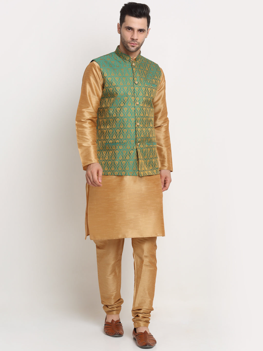 KRAFT INDIA Mens Gold Silk Blend Kurta and churidar with Paisley Nehru jacket