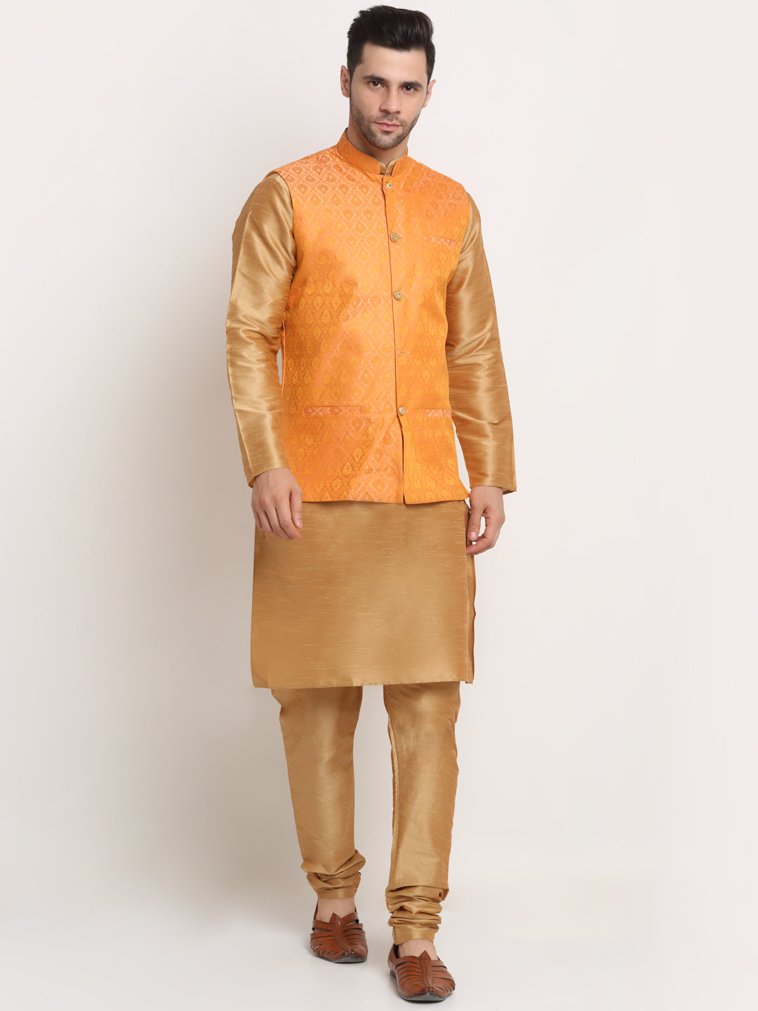KRAFT INDIA Mens Gold Silk Blend Kurta and churidar with Paisley Nehru jacket