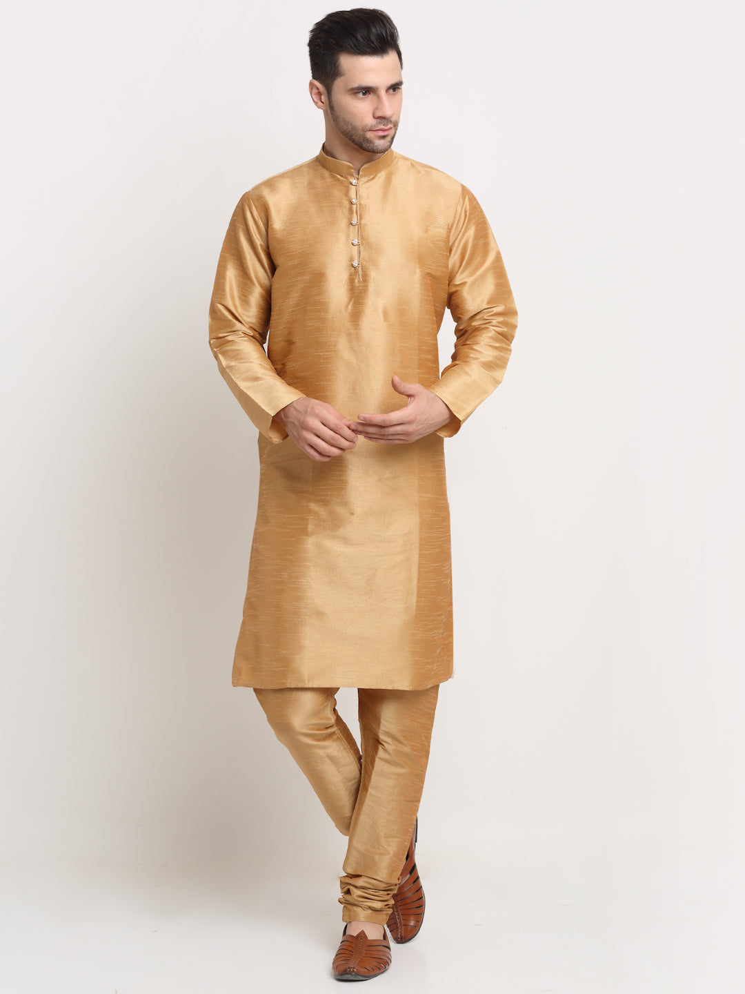 KRAFT INDIA Mens Gold Silk Blend Kurta and churidar with Paisley Nehru jacket