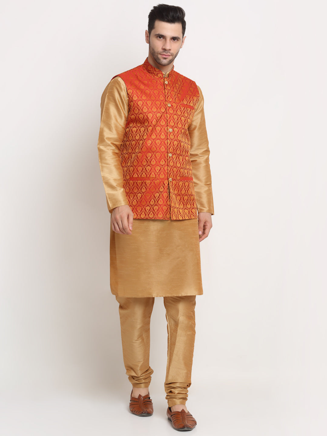 KRAFT INDIA Mens Gold Silk Blend Kurta and churidar with Paisley Nehru jacket
