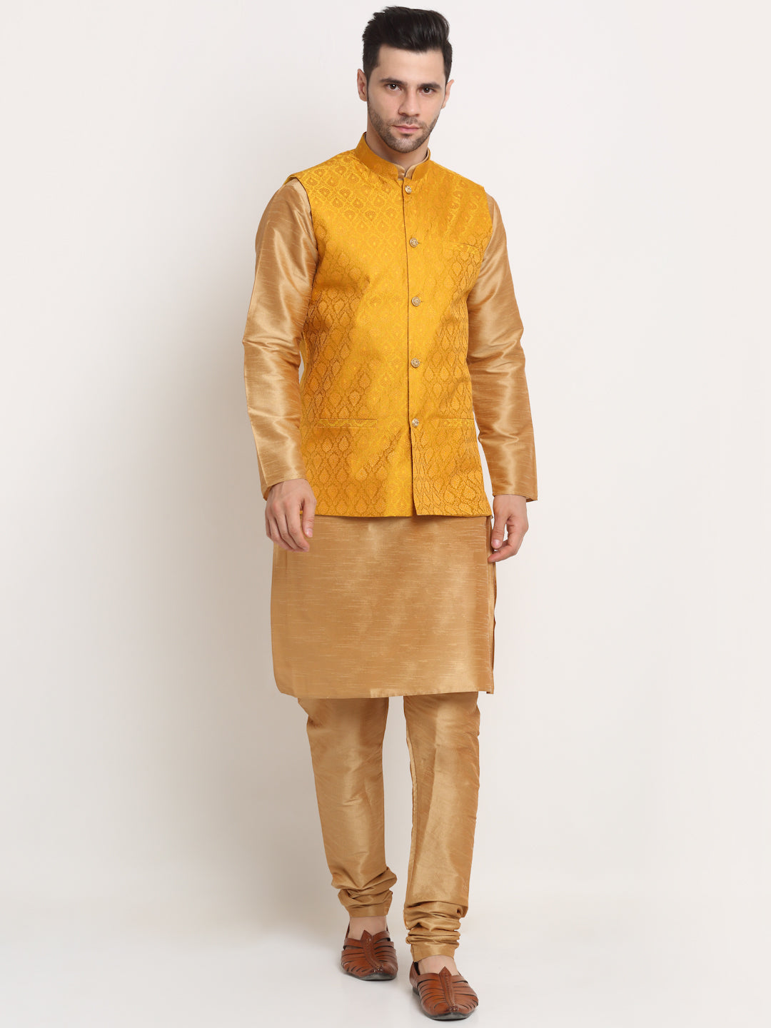KRAFT INDIA Mens Gold Silk Blend Kurta and churidar with Paisley Nehru jacket