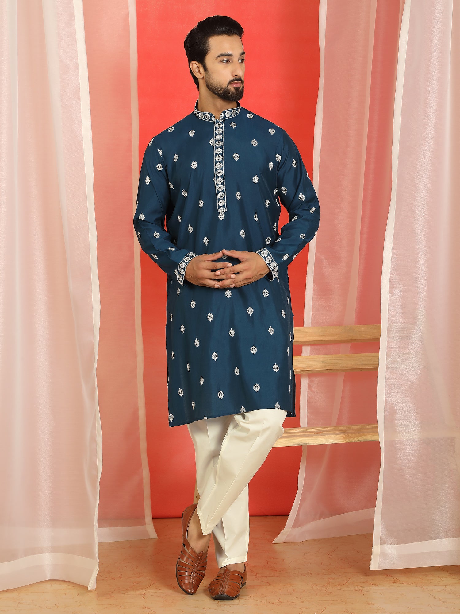 Men Yellow Cotton Silk Floral Embroidered Straight Kurta with Trouser Set