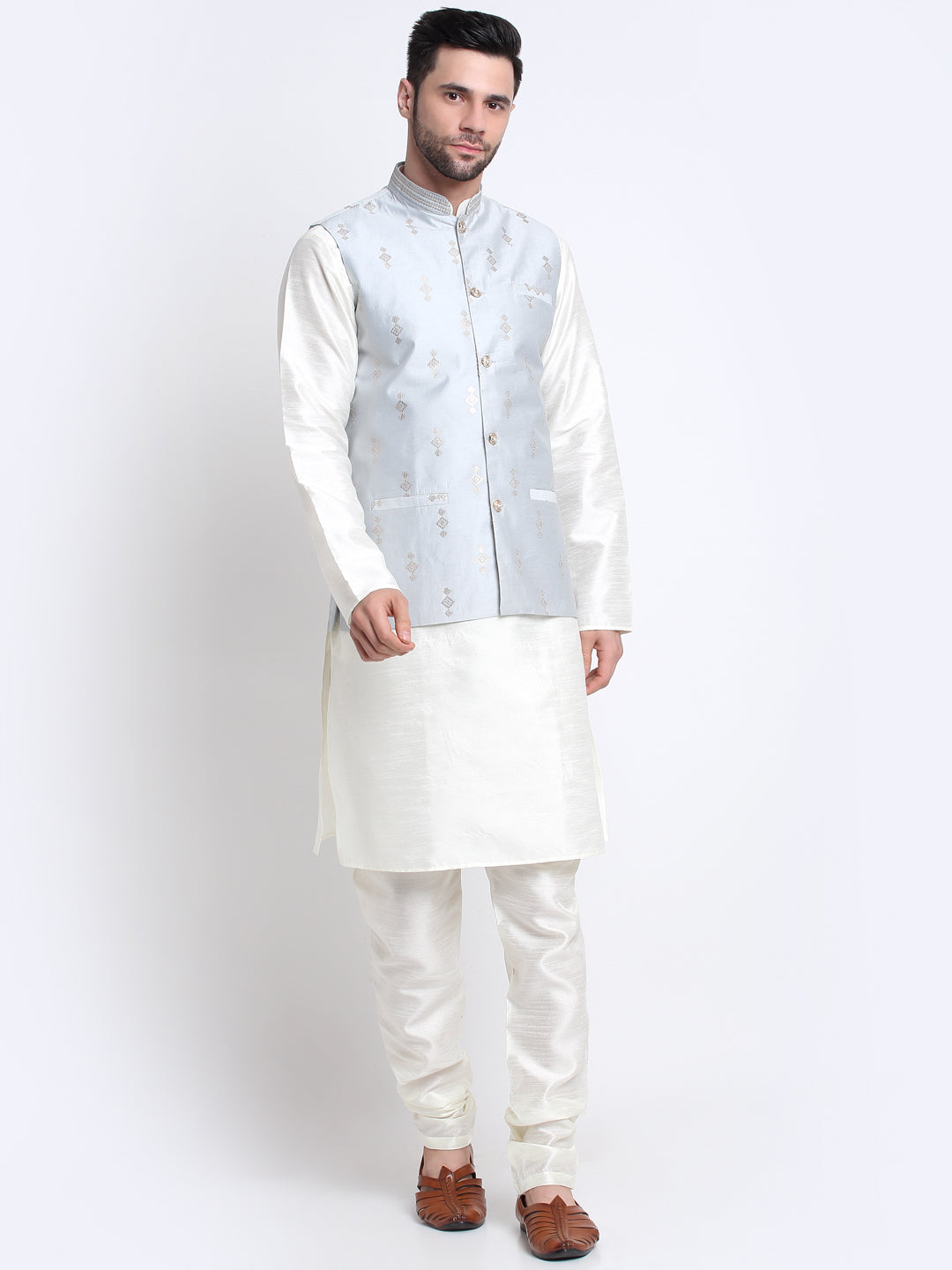 KRAFT INDIA Men Cream Silk Kurta & Churidar With Sequenced Nehru Jacket