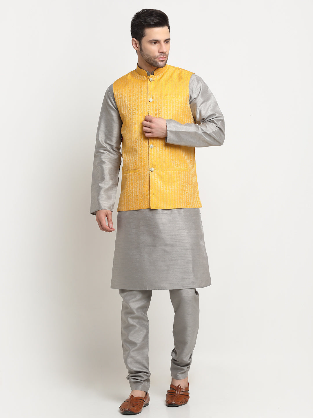 KRAFT INDIA Men's Silk Silver Kurta Churidar with Nehru Jacket Set