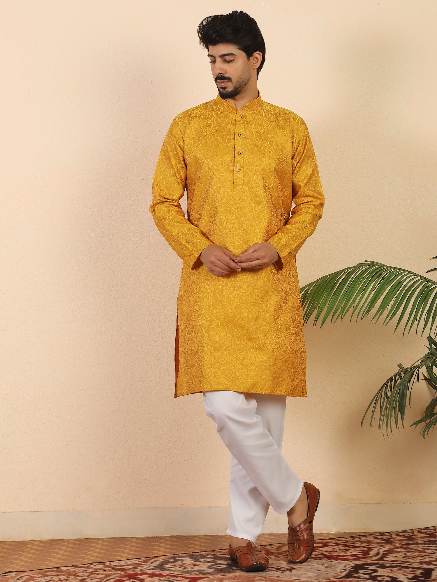 Men's Premium Jacquard fabric Paisley Designed Beige Long Kurta