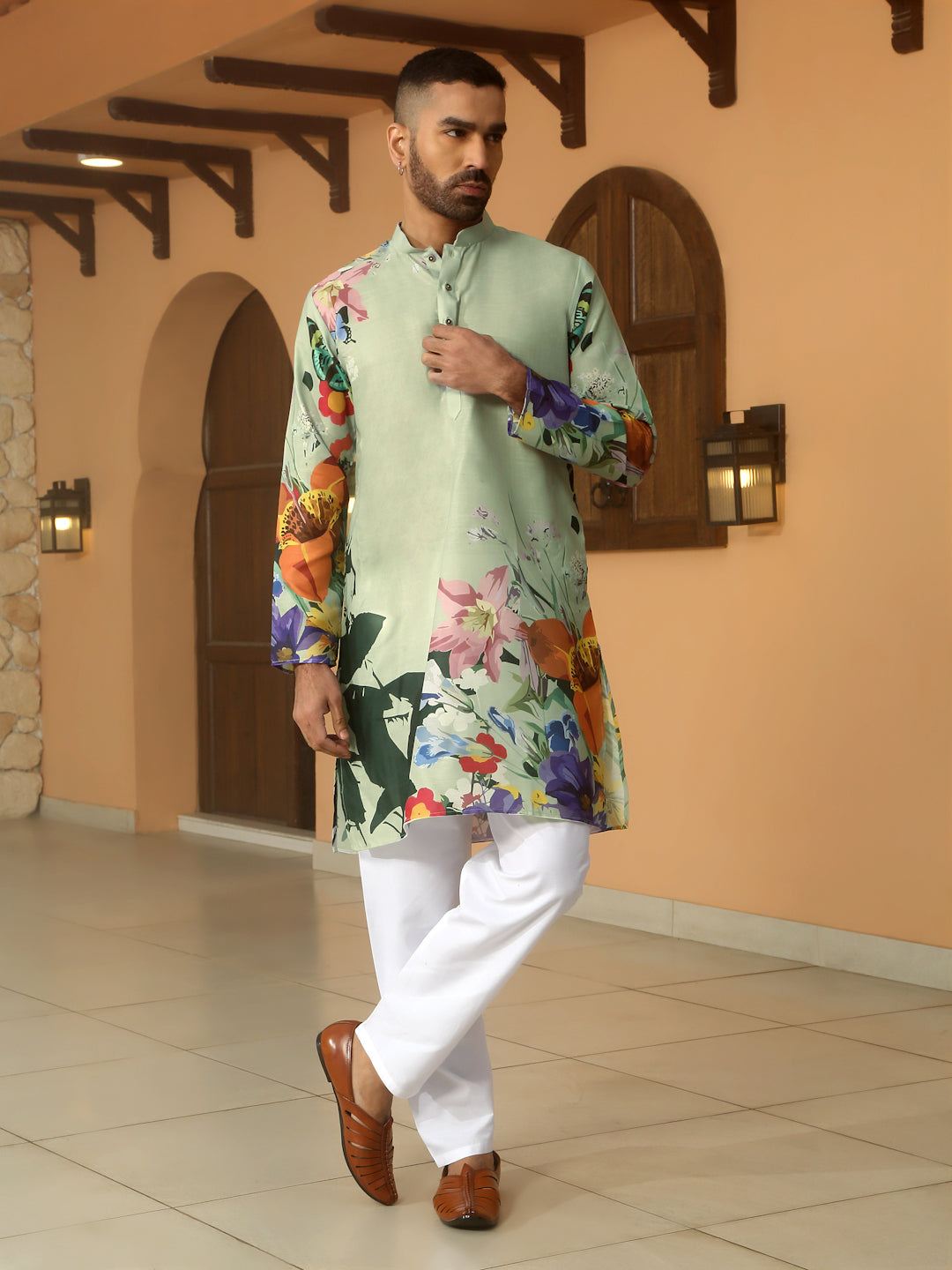 Animal Print Cotton Straight Beige Kurta With White Elastic Waistband Pyjama Set