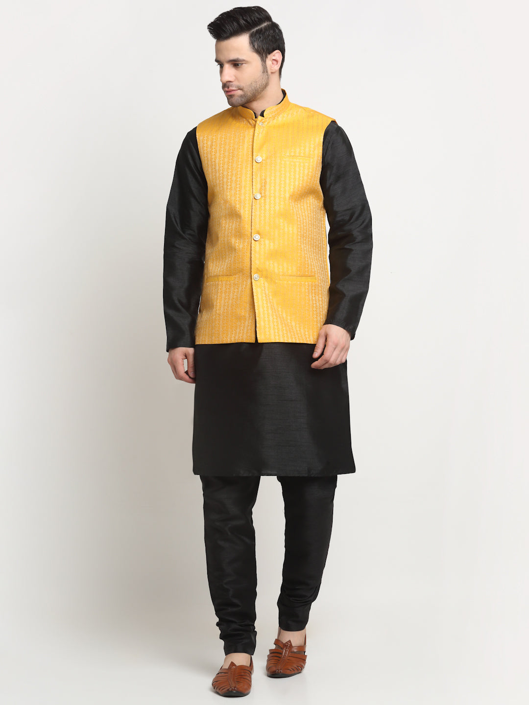 KRAFT INDIA Men's Silk Black Kurta Churidar with Nehru Jacket Set