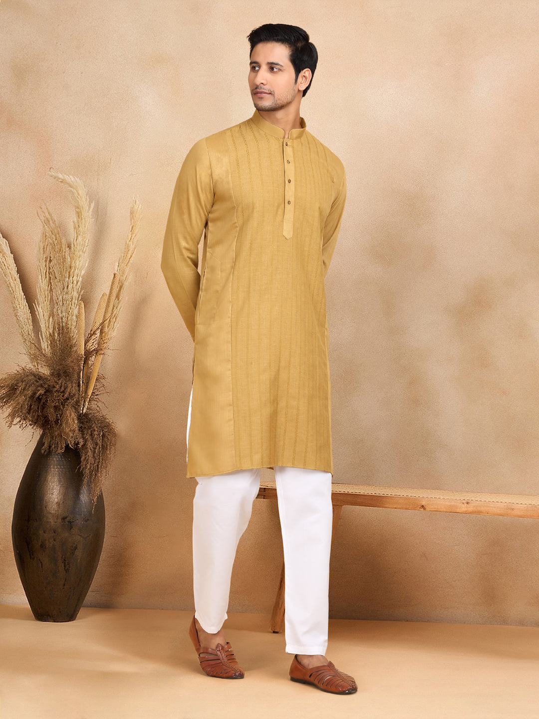 KRAFT INDIA Men's Regular Cotton Striped Mandarin Collar Long Sleeve Kurta Pyjama Set