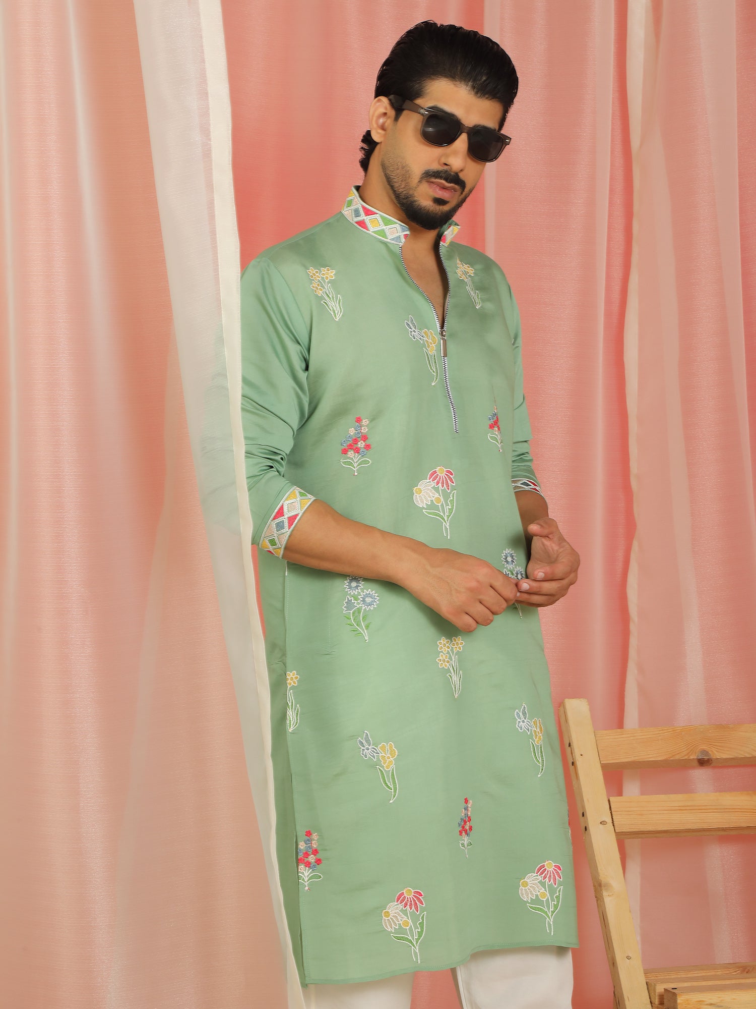 Men Cotton Silk Floral Embroidered Zip Closure Kurta