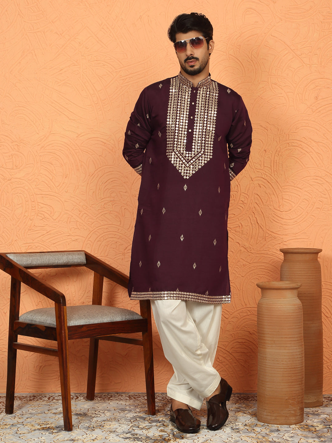 Men’s Cotton Silk Zari Embroidered Yoke Design Kurta with Cream Salwar