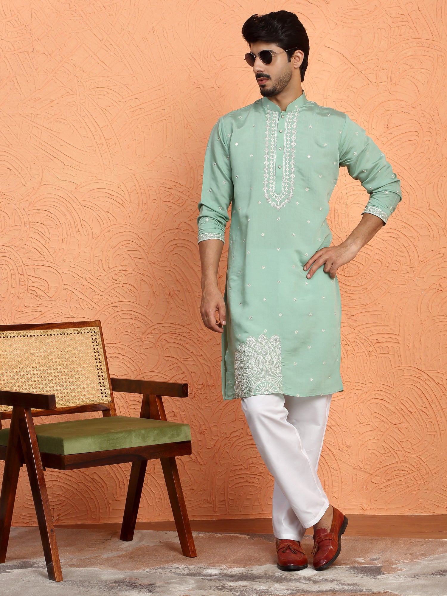LUXE- Men's Cotton Silk Yoke Design Placement Embroidered Kurta Trouser Set