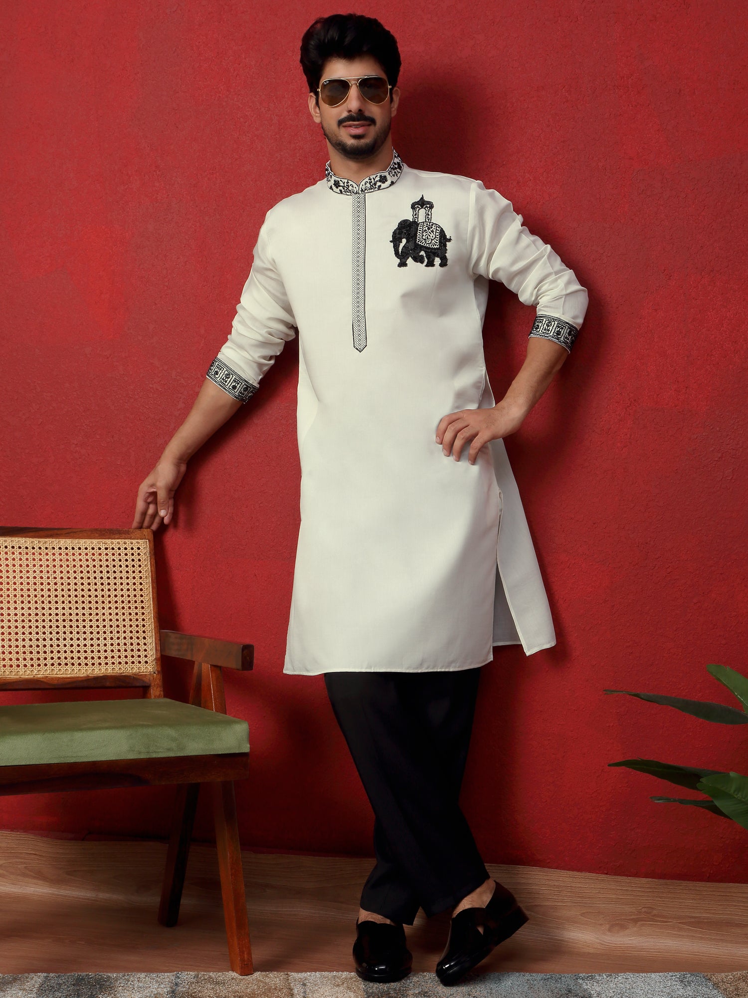 LUXE-Men's Cotton Silk Beads Work Animal Embroidered Kurta Trouser Pant Set