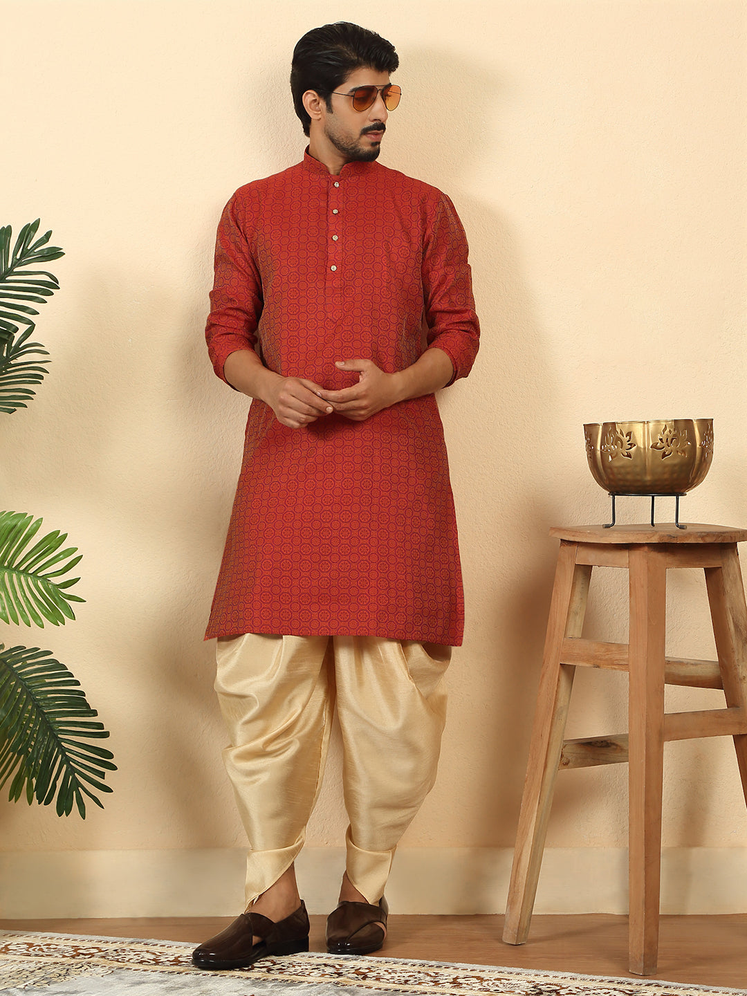 Silk Blend Jacquard Geometric Woven Design Kurta With Beige Elastic Waistband Dhoti Set