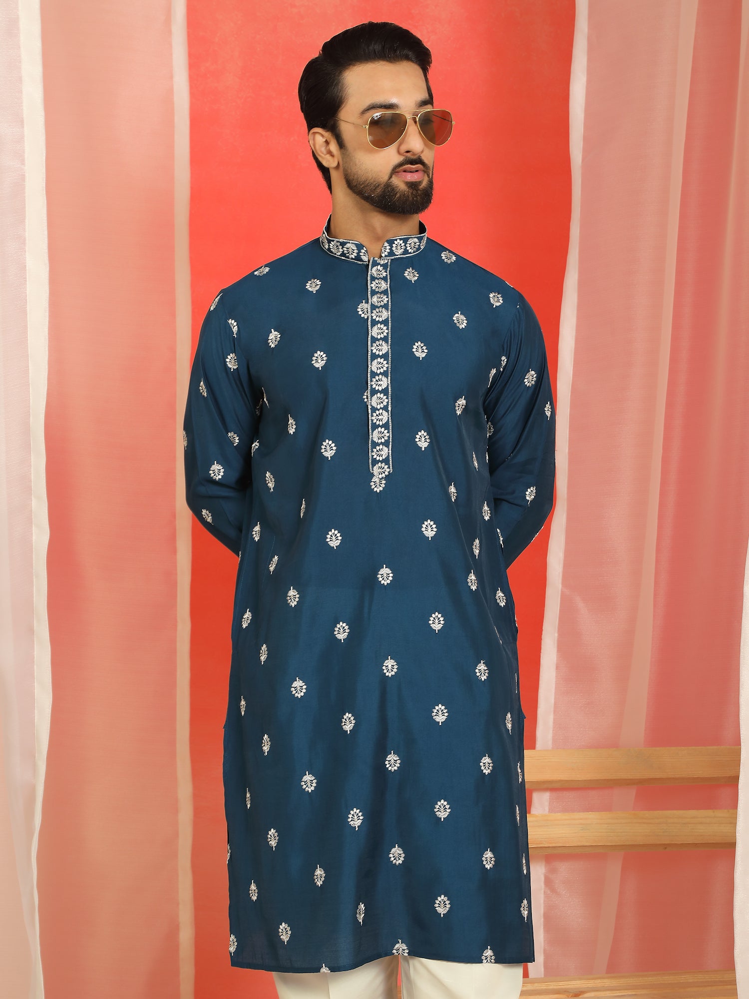 Men Cotton Silk Floral Embroidered Kurta