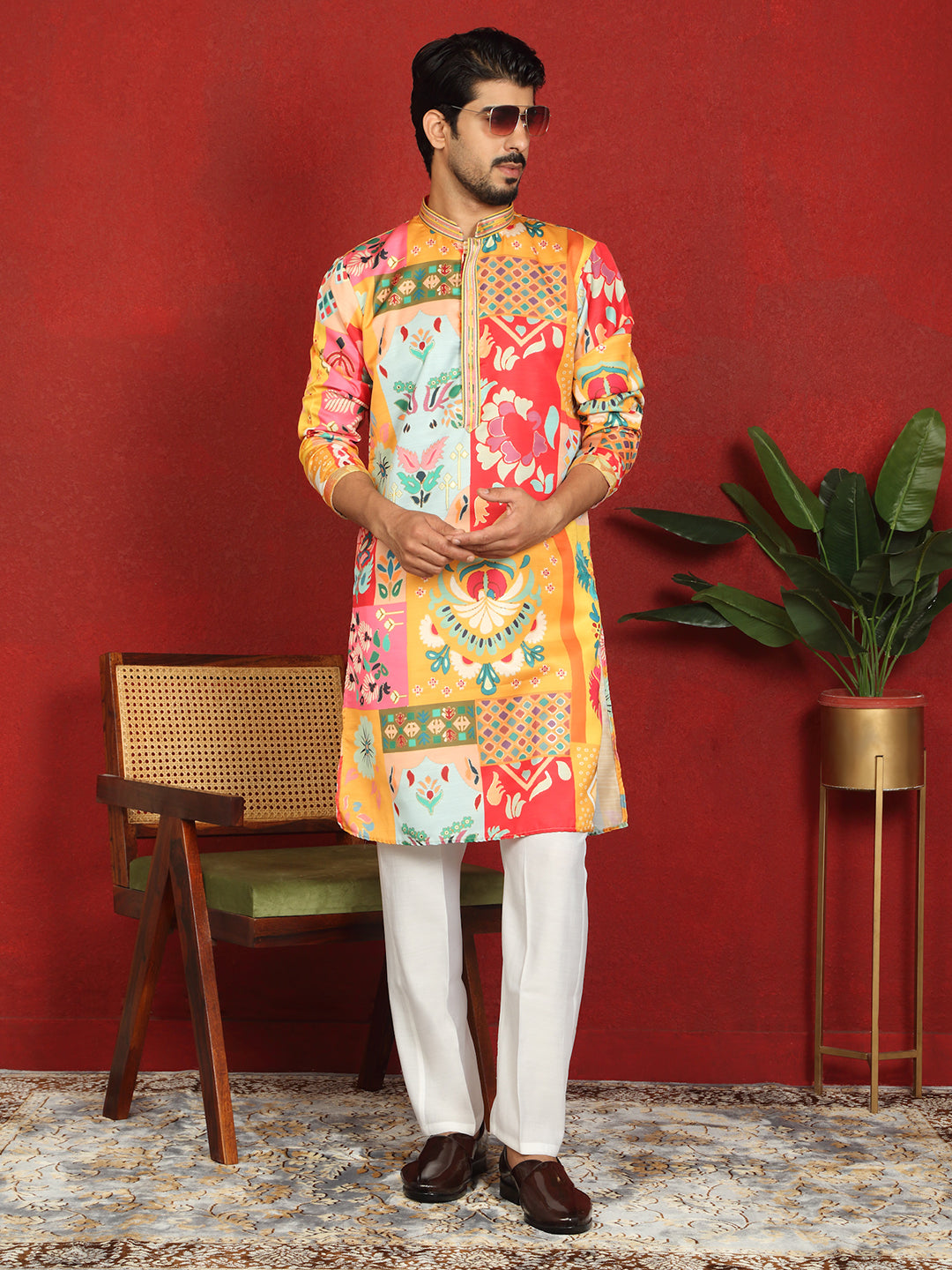 Men’s Cotton Silk Floral Printed Anchor Neck Work Kurta