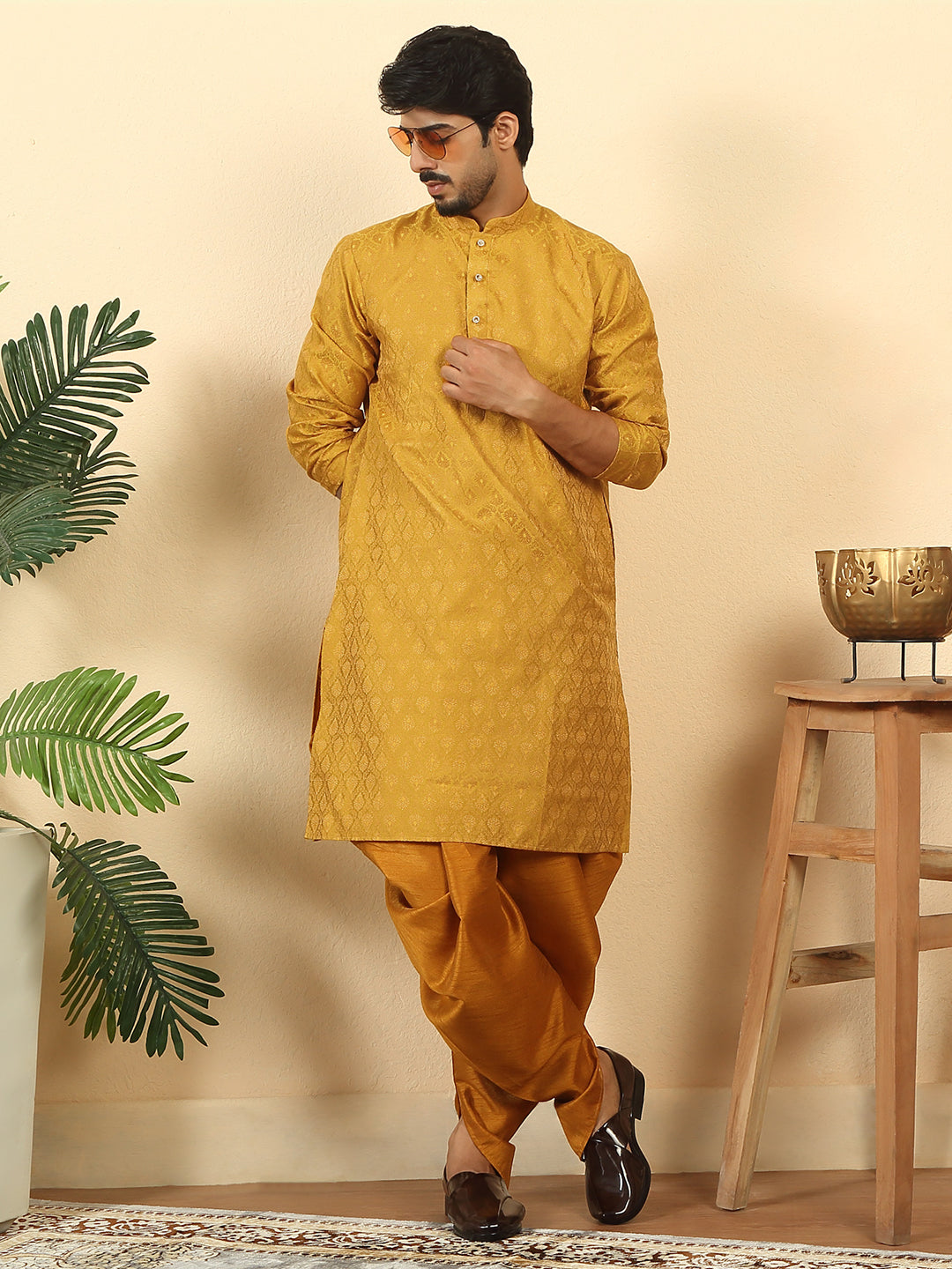 Silk Blend Jacquard Paisley Kurta With Mustard Elastic Waistband Dhoti Set