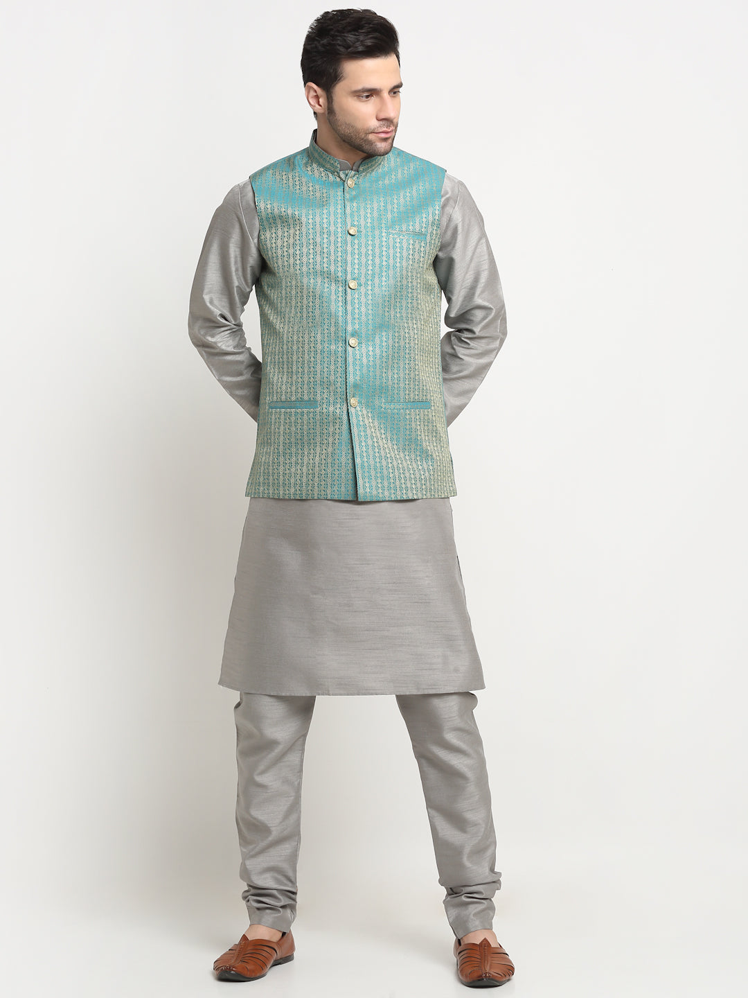 KRAFT INDIA Men's Silk Silver Kurta Churidar with Nehru Jacket Set