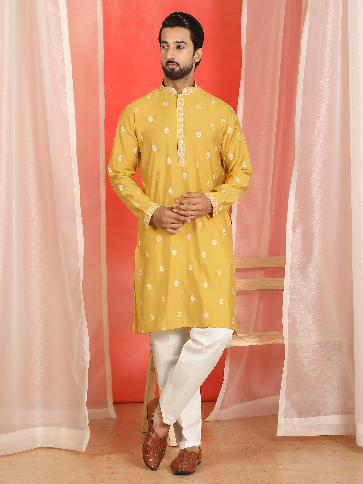Men Yellow Cotton Silk Floral Embroidered Straight Kurta with Trouser Set