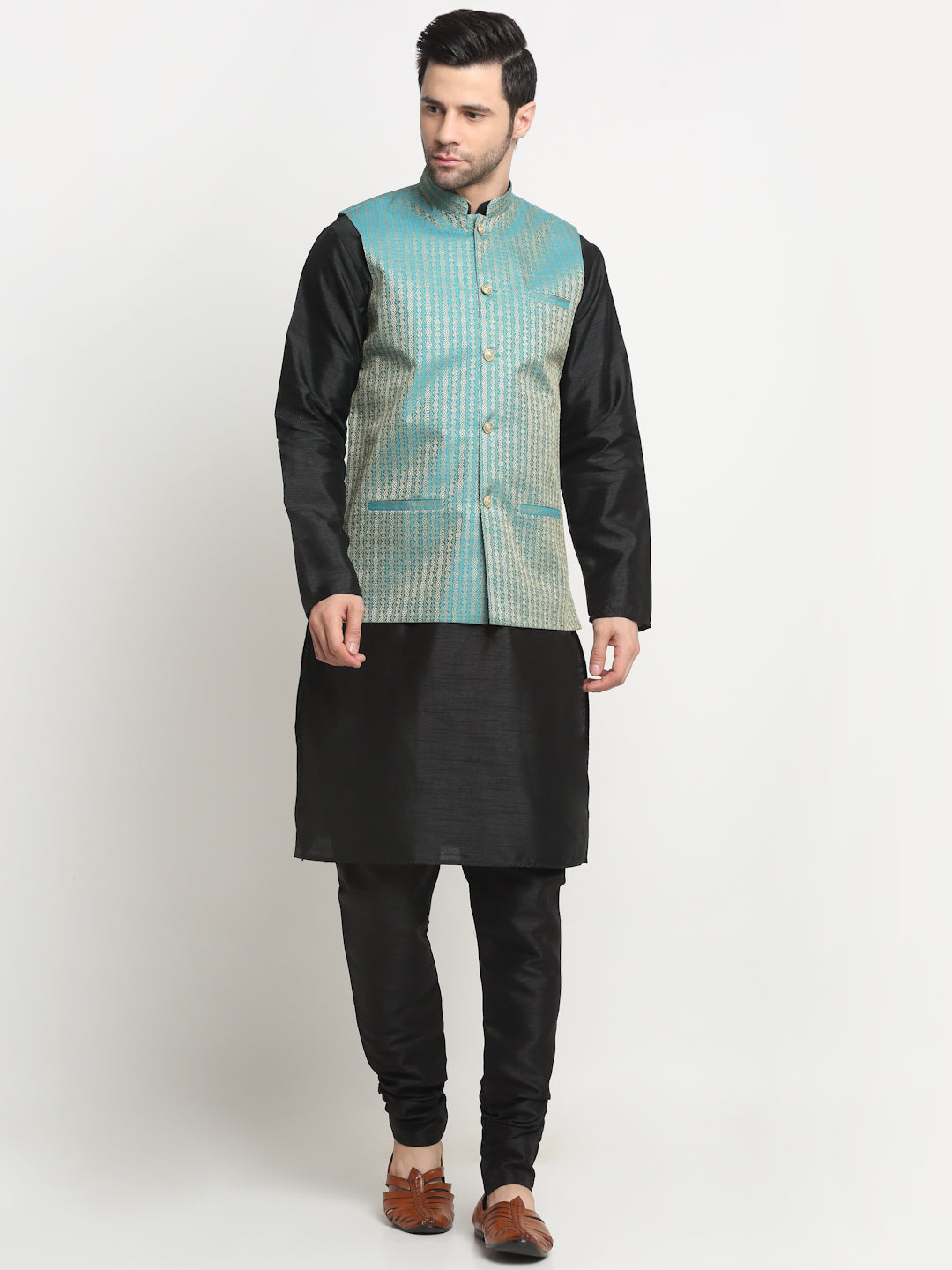 KRAFT INDIA Men's Silk Black Kurta Churidar with Nehru Jacket Set