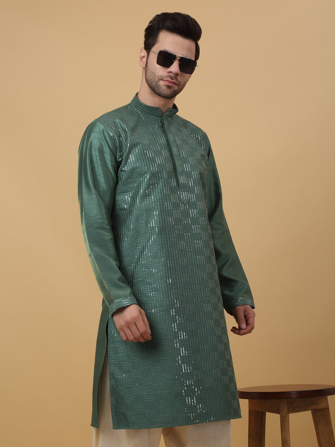KRAFT INDIA Men's Cotton Silk Sequenced Embroidered Kurta Only
