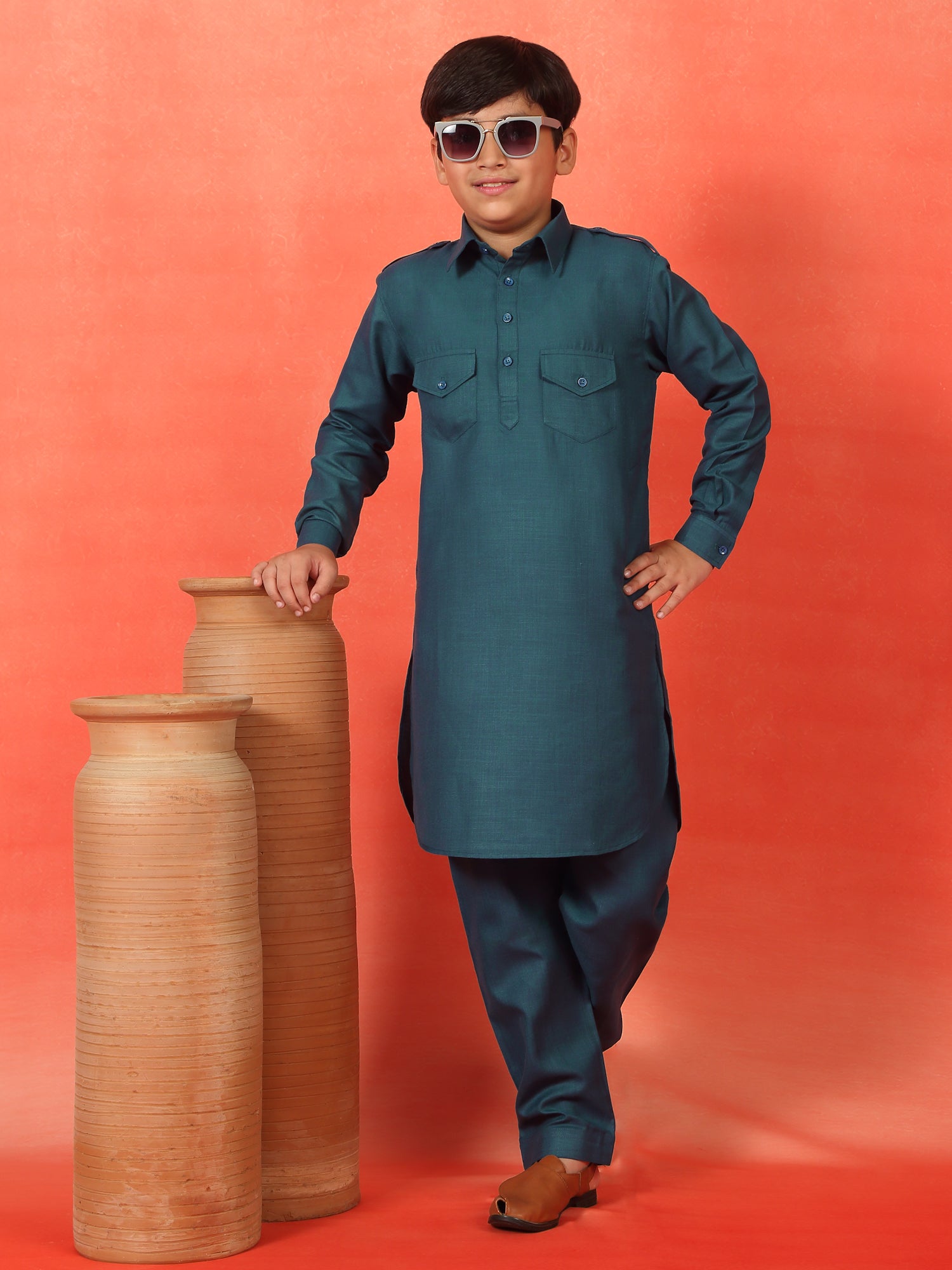 Premium Solid Cotton Blend Straight Pathani Set for Kid's