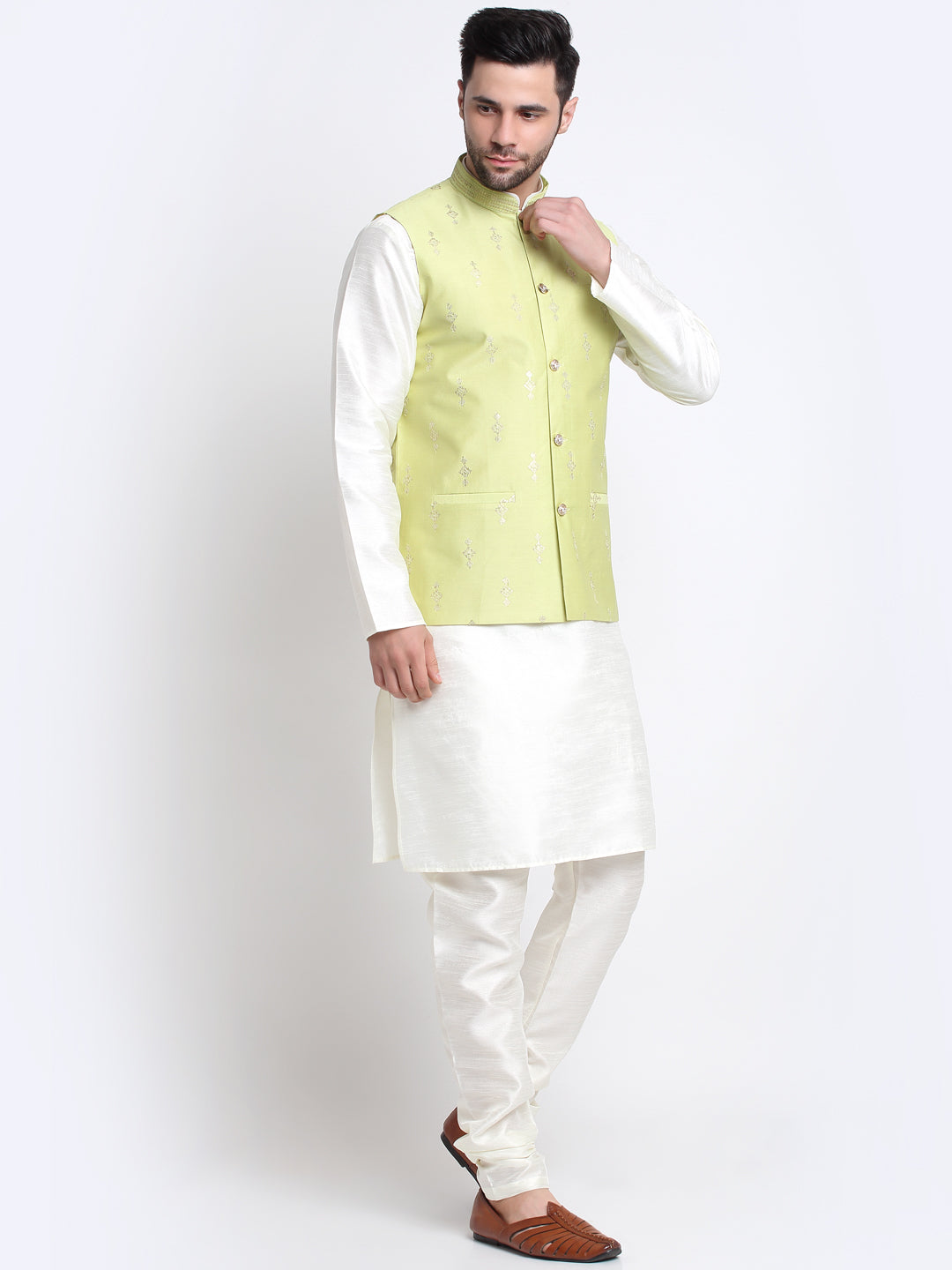 KRAFT INDIA Men Cream Silk Kurta & Churidar With Sequenced Nehru Jacket